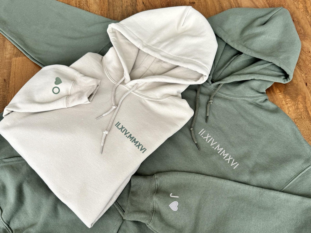 Custom Embroidered Roman Numeral Hoodie, Couple Shirt Initial On Sleeve,