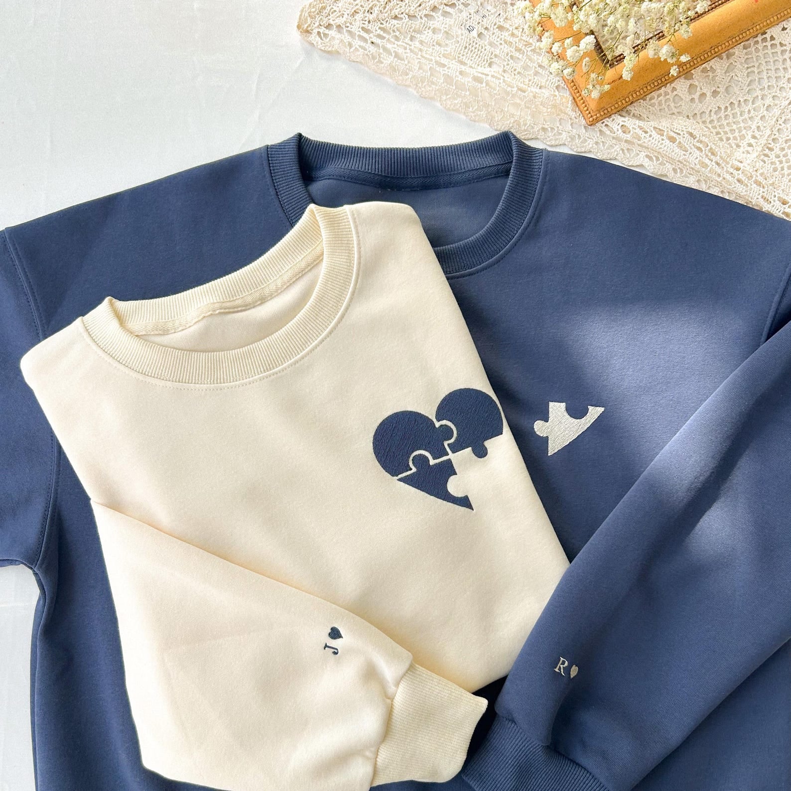 Custom Embroidered Heart and Puzzle Piece Sweatshirt, Initial With Heart On Sleeve