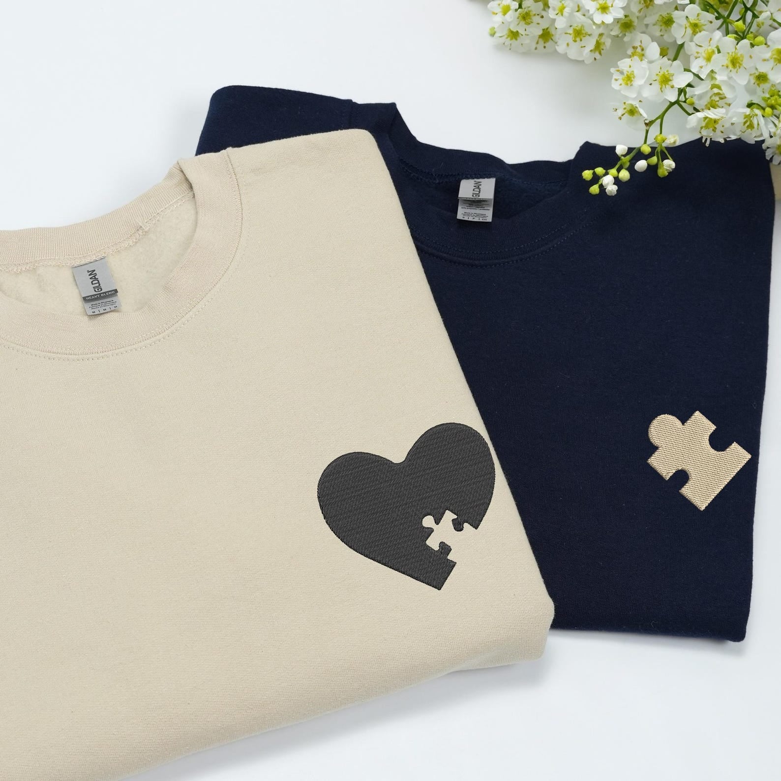 Custom Embroidered Heart and Puzzle Piece Sweatshirt, Initial With Heart On Sleeve