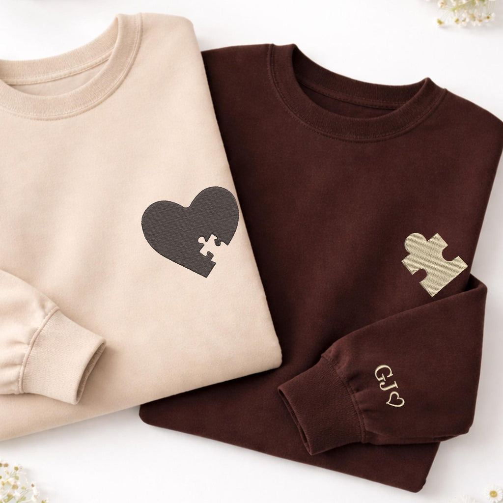 Custom Embroidered Heart and Puzzle Piece Sweatshirt, Initial With Heart On Sleeve