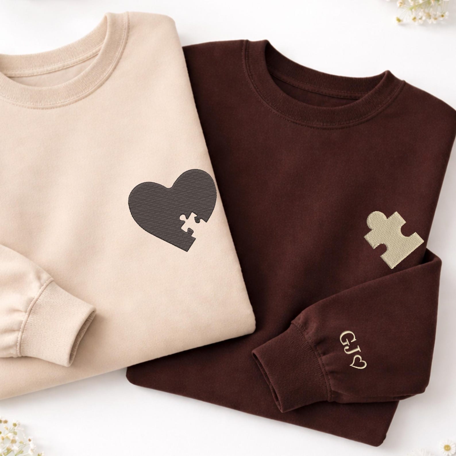 Custom Embroidered Heart and Puzzle Piece Sweatshirt, Initial With Heart On Sleeve