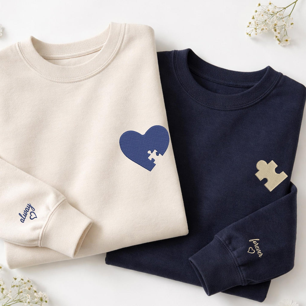 Custom Embroidered Heart and Puzzle Piece Sweatshirt, Initial With Heart On Sleeve
